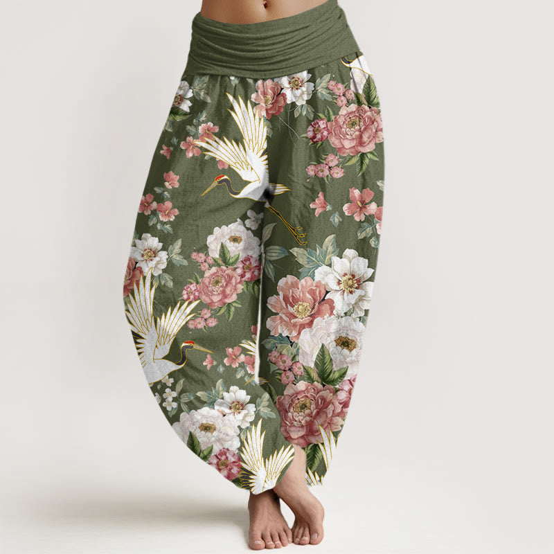 Buddha Stones Cotton Casual Cranes Blooming Peony Pattern Women's Elastic Waist Harem Pants - OliveDrab - US22，UK/AU26，EU54 (6XL) - image 7