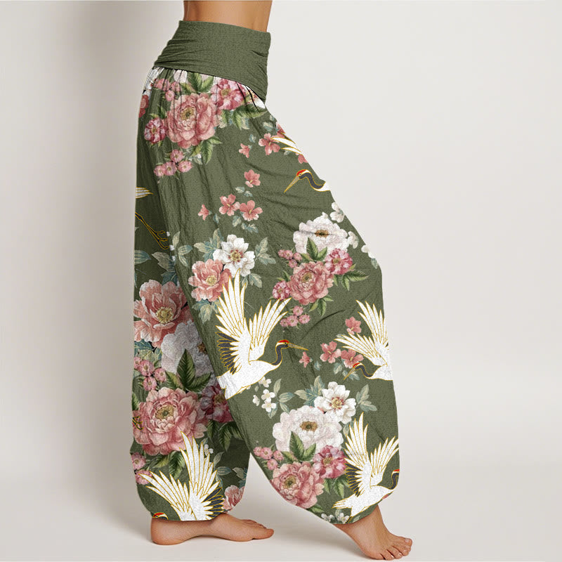 Buddha Stones Cotton Casual Cranes Blooming Peony Pattern Women's Elastic Waist Harem Pants - image 8