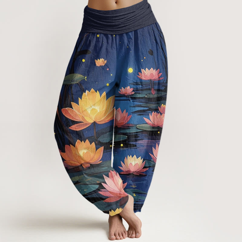 Buddha Stones Cotton Casual Peaceful Nighttime Lotus Pattern Women's Elastic Waist Harem Pants - Navy - US22，UK/AU26，EU54 (6XL) - image 0