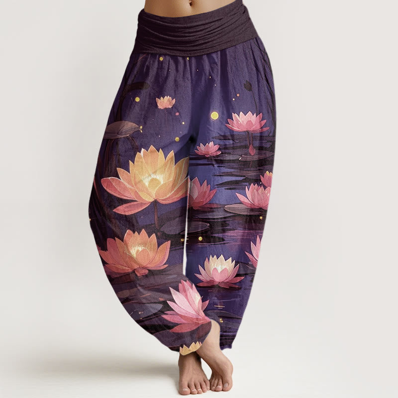 Buddha Stones Cotton Casual Peaceful Nighttime Lotus Pattern Women's Elastic Waist Harem Pants - Indigo - US22，UK/AU26，EU54 (6XL) - image 4
