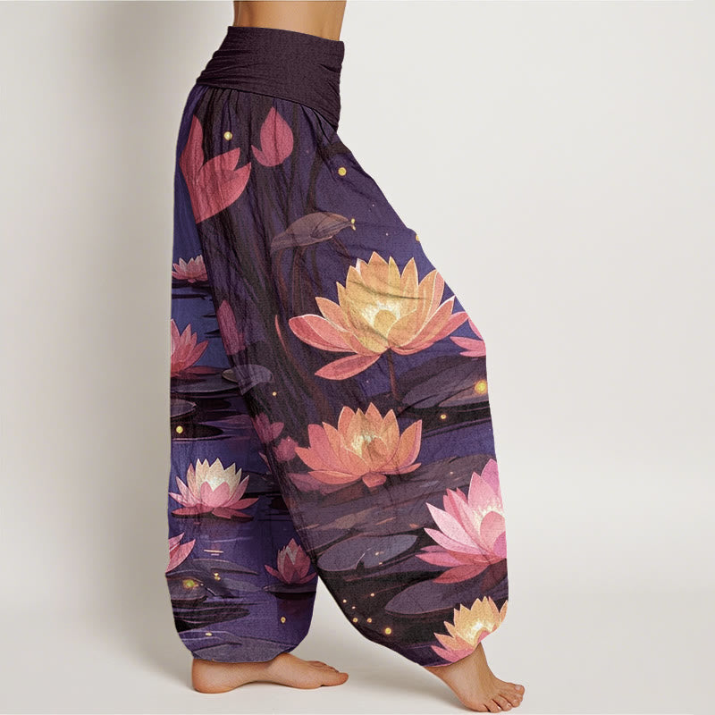 Buddha Stones Cotton Casual Peaceful Nighttime Lotus Pattern Women's Elastic Waist Harem Pants - image 5