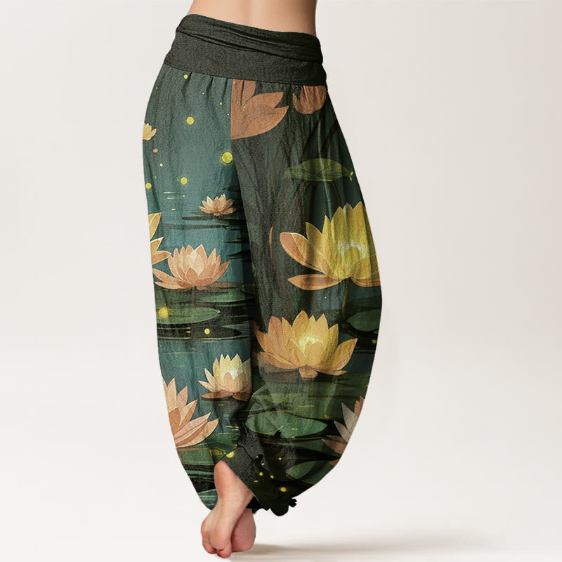 Buddha Stones Cotton Casual Peaceful Nighttime Lotus Pattern Women's Elastic Waist Harem Pants - image 9