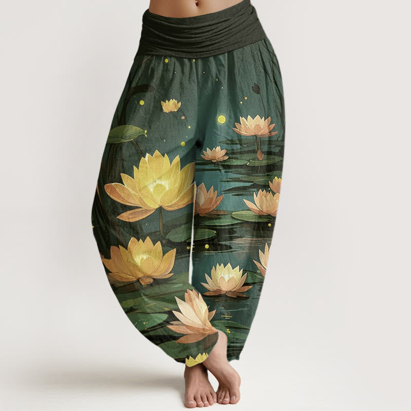 Buddha Stones Cotton Casual Peaceful Nighttime Lotus Pattern Women's Elastic Waist Harem Pants - DarkGreen - US22，UK/AU26，EU54 (6XL) - image 7