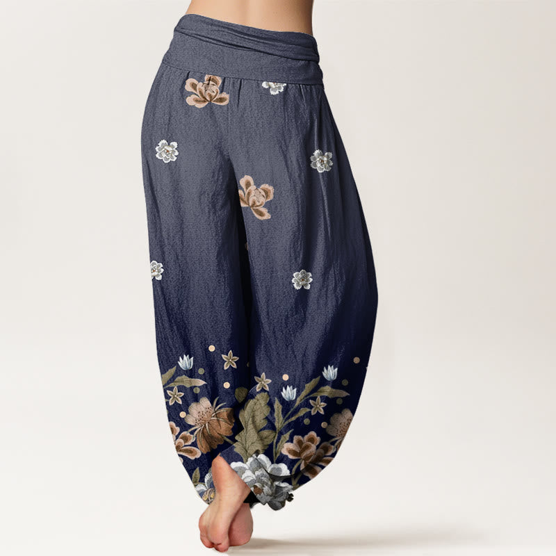 Buddha Stones Cotton Casual Blooming Flowers Pattern Women's Elastic Waist Harem Pants - image 2
