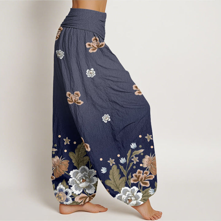 Buddha Stones Cotton Casual Blooming Flowers Pattern Women's Elastic Waist Harem Pants - image 1