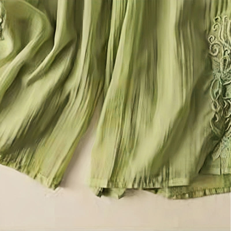 Buddha Stones Retro Casual Embroidery Design Drawstring Cotton Linen Women's Wide Leg Pants With Pockets
