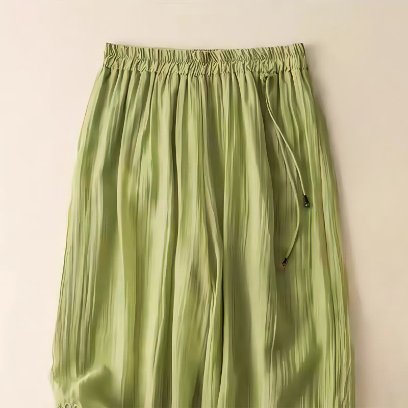 Buddha Stones Retro Casual Embroidery Design Drawstring Cotton Linen Women's Wide Leg Pants With Pockets