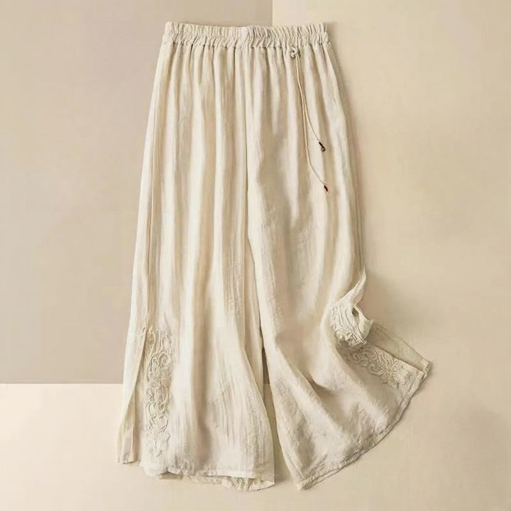 Buddha Stones Retro Casual Embroidery Design Drawstring Cotton Linen Women's Wide Leg Pants With Pockets