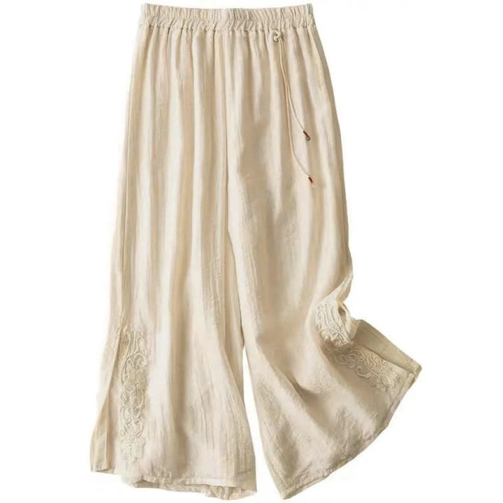 Buddha Stones Retro Casual Embroidery Design Drawstring Cotton Linen Women's Wide Leg Pants With Pockets