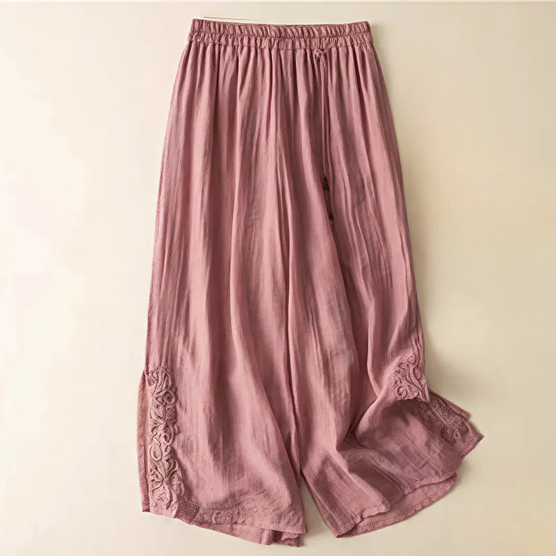 Buddha Stones Retro Casual Embroidery Design Drawstring Cotton Linen Women's Wide Leg Pants With Pockets