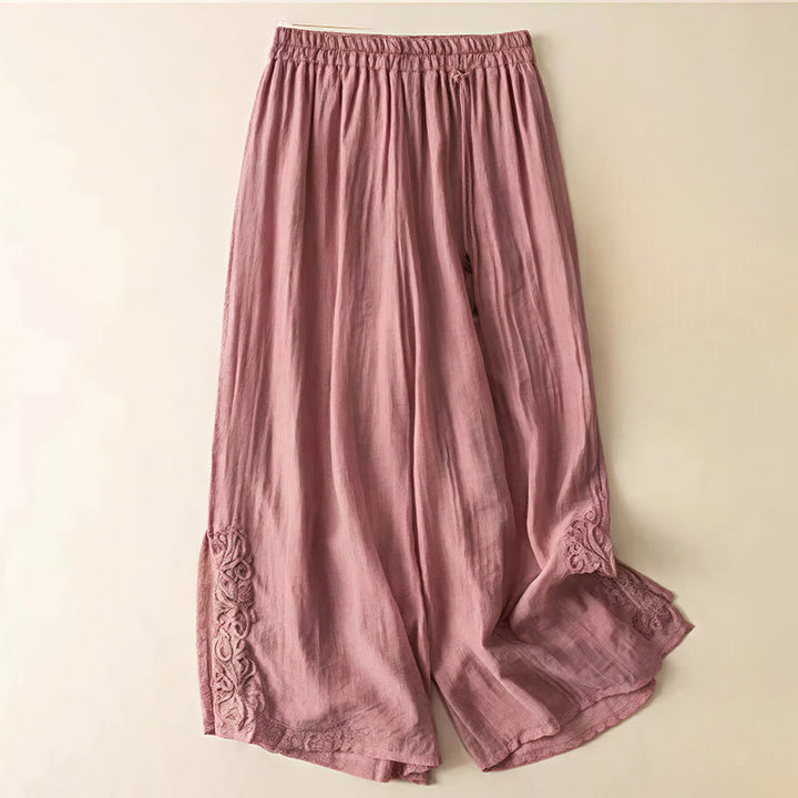 Buddha Stones Retro Casual Embroidery Design Drawstring Cotton Linen Women's Wide Leg Pants With Pockets