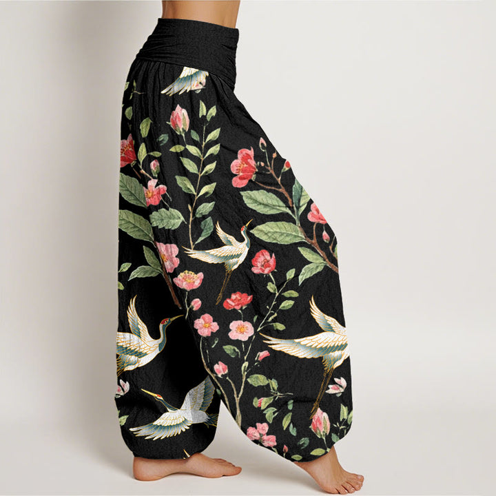 Buddha Stones Cotton Casual Red Flowers Crane Pattern Women's Elastic Waist Harem Pants - image 1