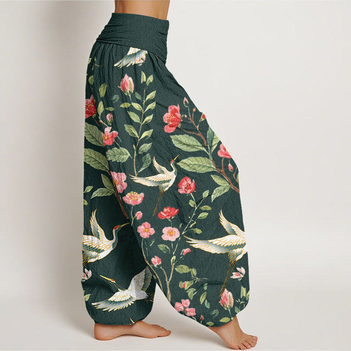 Buddha Stones Cotton Casual Red Flowers Crane Pattern Women's Elastic Waist Harem Pants - image 8