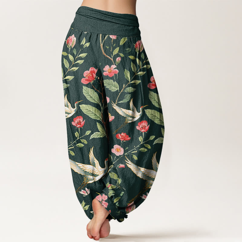 Buddha Stones Cotton Casual Red Flowers Crane Pattern Women's Elastic Waist Harem Pants - image 9