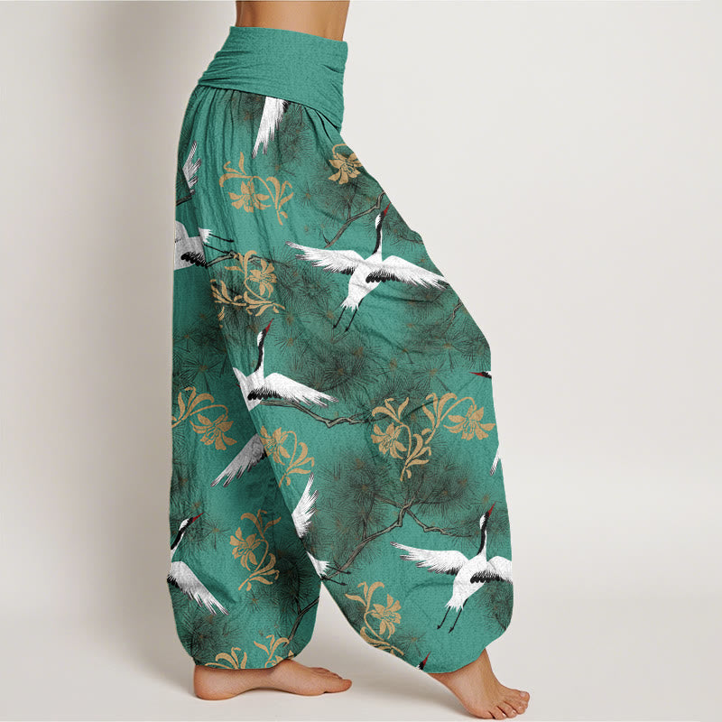 Buddha Stones Cotton Casual Red-crowned Crane Pine Tree Pattern Women's Elastic Waist Harem Pants - image 1