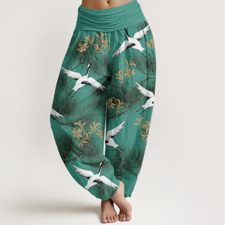 Buddha Stones Cotton Casual Red-crowned Crane Pine Tree Pattern Women's Elastic Waist Harem Pants - MediumSeaGreen - US22，UK/AU26，EU54 (6XL) - image 0