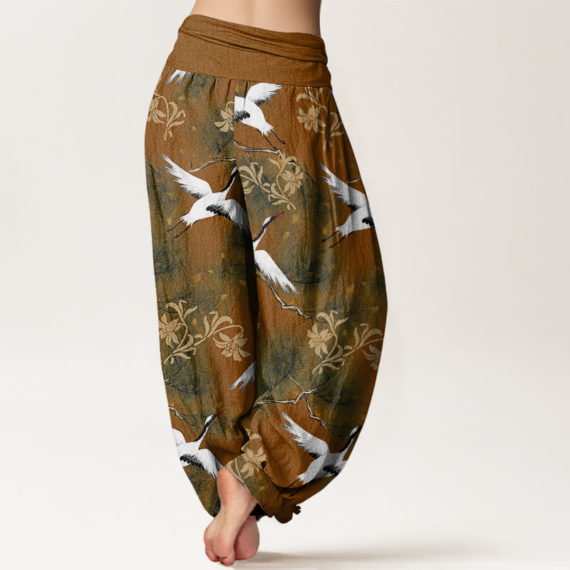 Buddha Stones Cotton Casual Red-crowned Crane Pine Tree Pattern Women's Elastic Waist Harem Pants - image 6
