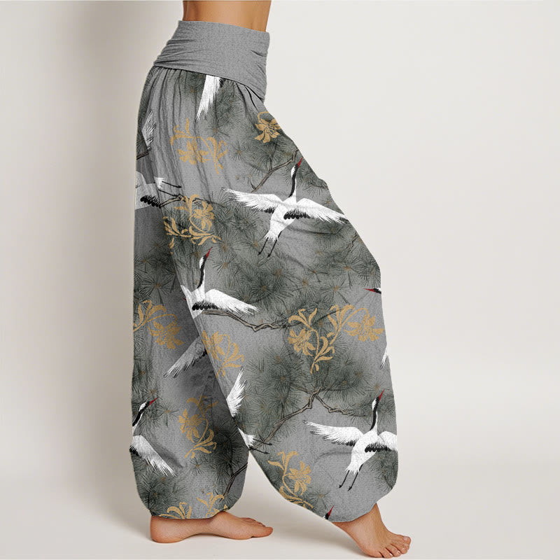 Buddha Stones Cotton Casual Red-crowned Crane Pine Tree Pattern Women's Elastic Waist Harem Pants - image 8