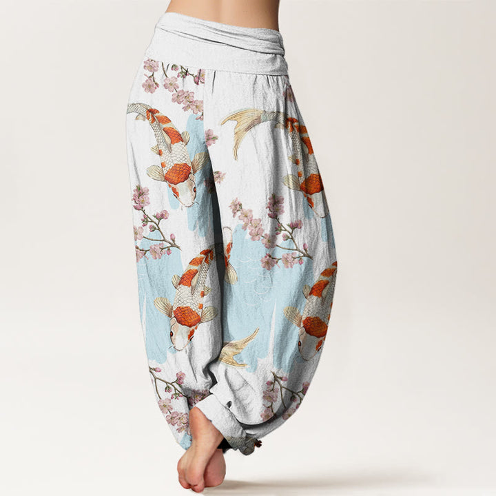 Buddha Stones Cotton Casual Koi Fish Cherry Blossom Pattern Women's Elastic Waist Harem Pants - image 2