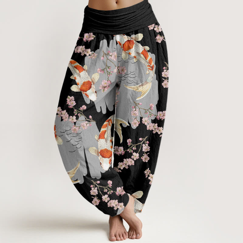 Buddha Stones Cotton Casual Koi Fish Cherry Blossom Pattern Women's Elastic Waist Harem Pants - Black - US22，UK/AU26，EU54 (6XL) - image 4