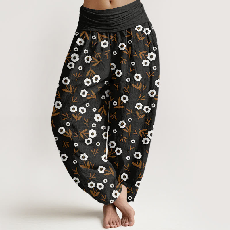 Buddha Stones Cotton Casual Simple Flowers Leaves Pattern Women's Elastic Waist Harem Pants - Black - US22，UK/AU26，EU54 (6XL) - image 7