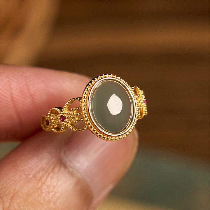 Buddha Stones Natural 925 Sterling Silver Plated Gold Hollow Design Jade Luck Ring - image 13