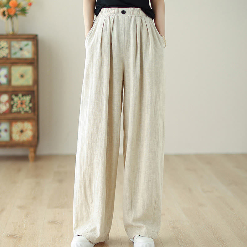 Buddha Stones Commute Button Design Women's Cotton Linen Elastic Waistband Pants With Pockets - image 14