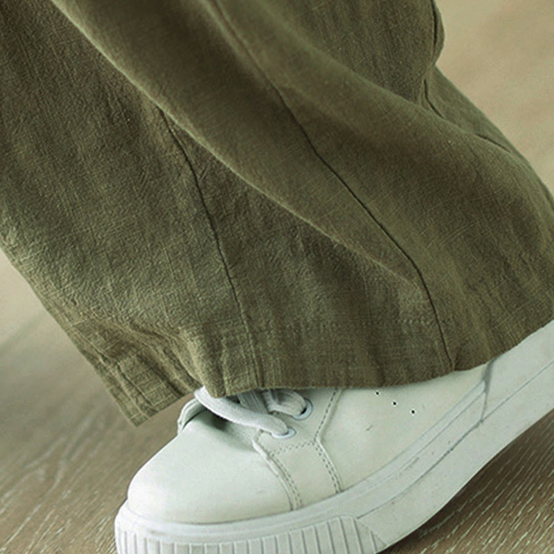 Buddha Stones Commute Button Design Women's Cotton Linen Elastic Waistband Pants With Pockets - image 10