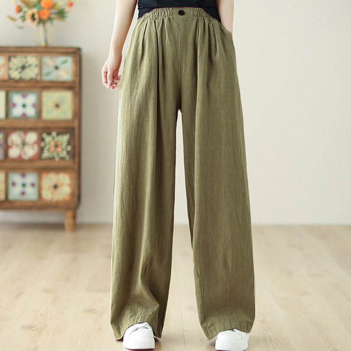 Buddha Stones Commute Button Design Women's Cotton Linen Elastic Waistband Pants With Pockets - image 3