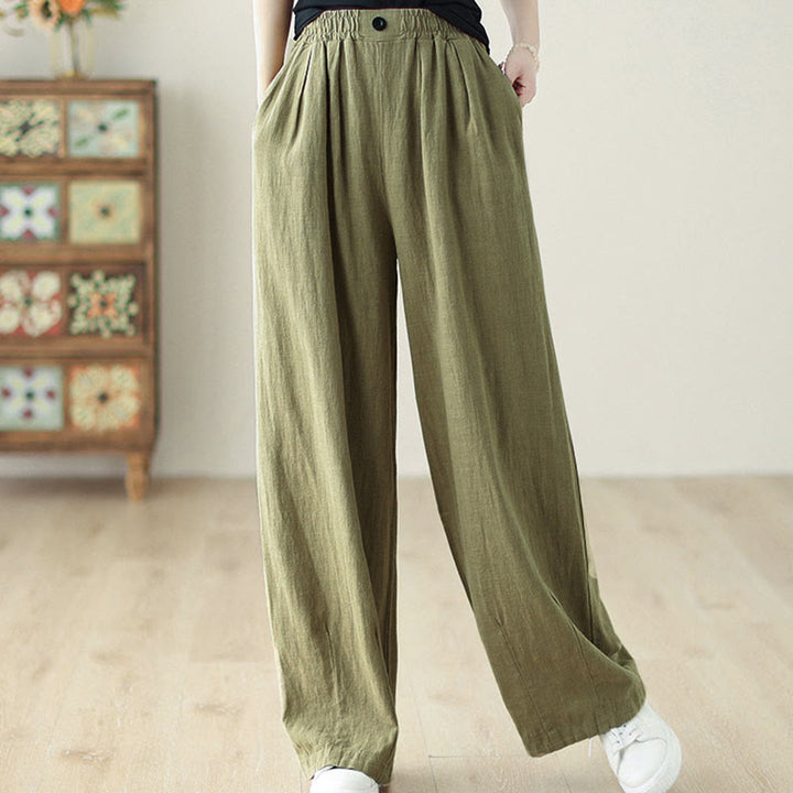 Buddha Stones Commute Button Design Women's Cotton Linen Elastic Waistband Pants With Pockets - image 5