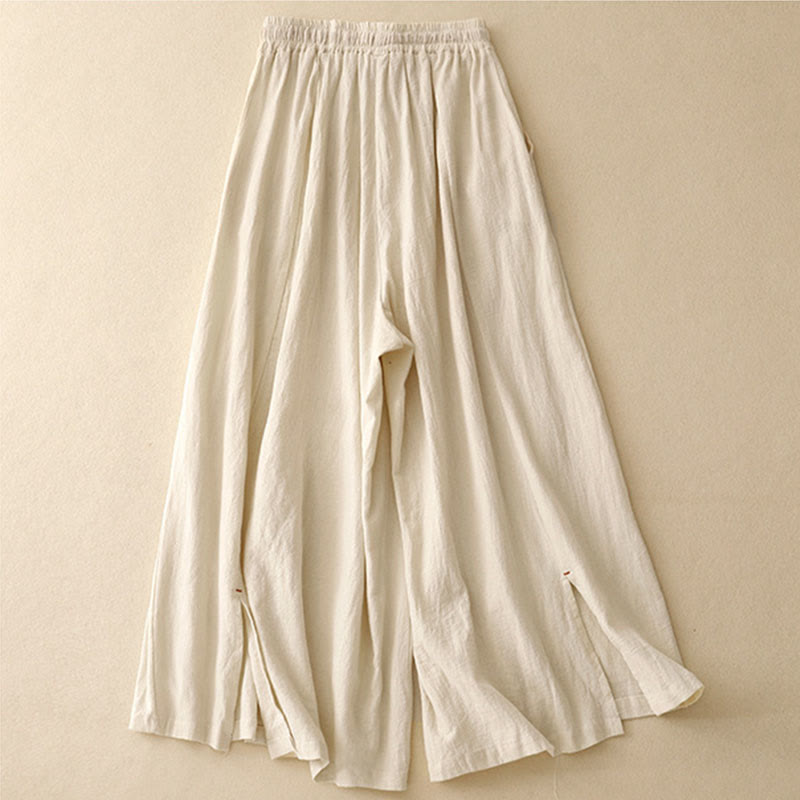 Buddha Stones Casual Side Slits Design Cotton Linen Women's Wide Leg 7-8 Length Pants With Pockets - image 4