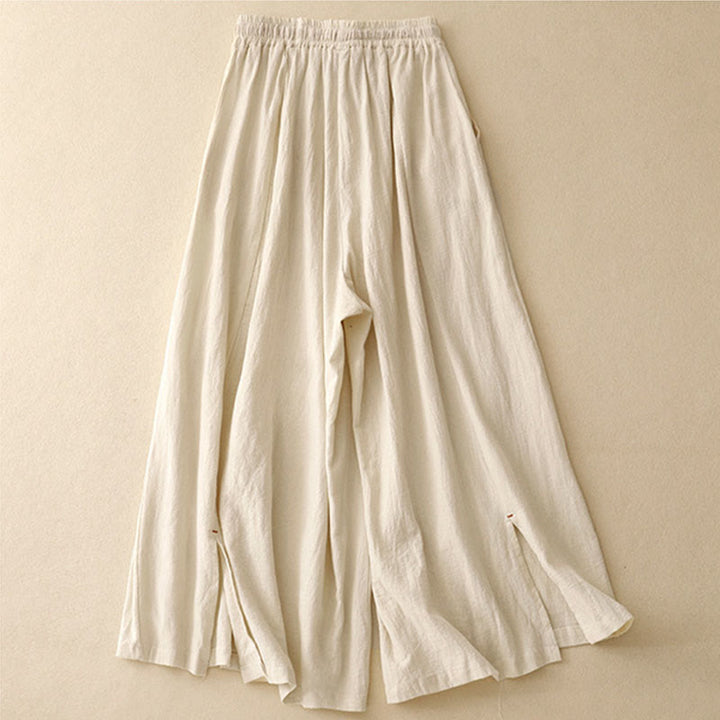 Buddha Stones Casual Side Slits Design Cotton Linen Women's Wide Leg 7-8 Length Pants With Pockets - image 4
