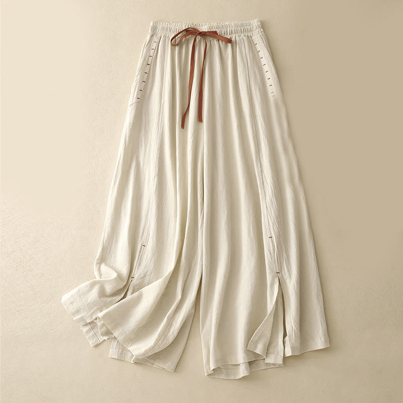Buddha Stones Casual Side Slits Design Cotton Linen Women's Wide Leg 7-8 Length Pants With Pockets - Cornsilk - US8-10，UK/AU12-14，EU40-42 (2XL) - image 3