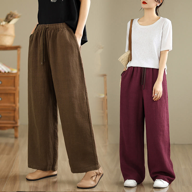 Buddha Stones Commute Retro Solid Color Women's Harem Drawstring Cotton Pants With Pockets - image 24