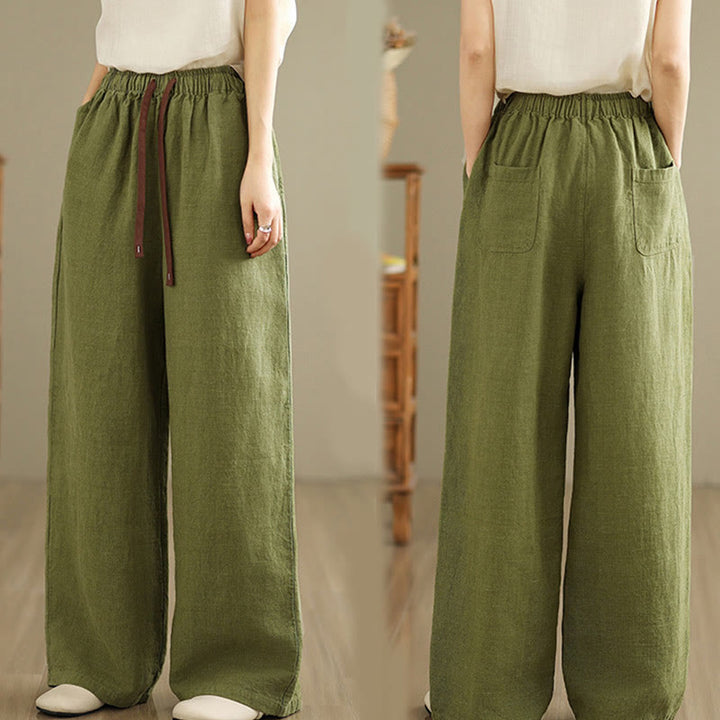 Buddha Stones Commute Retro Solid Color Women's Harem Drawstring Cotton Pants With Pockets - image 5