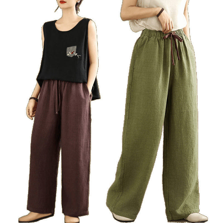 Buddha Stones Commute Retro Solid Color Women's Harem Drawstring Cotton Pants With Pockets - image 25