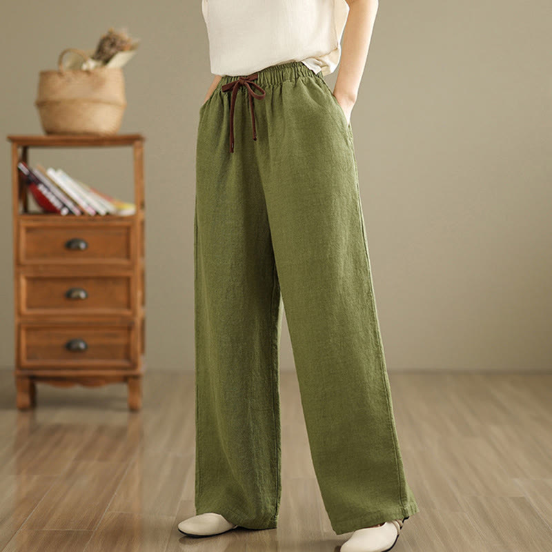 Buddha Stones Commute Retro Solid Color Women's Harem Drawstring Cotton Pants With Pockets - image 3