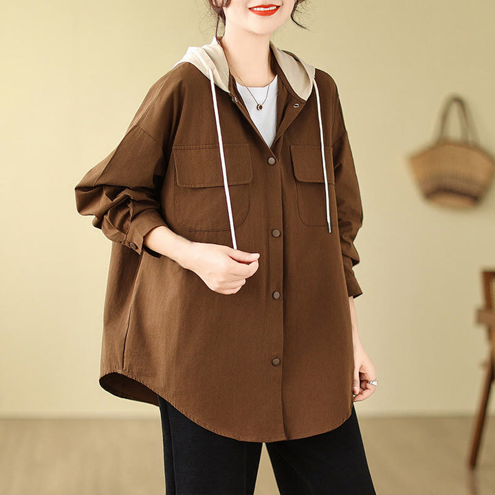 Buddha Stones Casual Commute Drawstring Hoodie Women's Cotton Linen Jacket With Pockets - image 1
