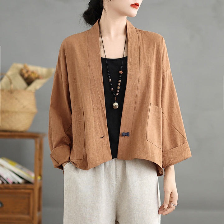 Buddha Stones Casual Vintage Plain Long Sleeve Open Front Cardigan Cotton Linen Jacket With Pockets - Peru - US14，UK/AU18，EU46 (2XL) - image 0