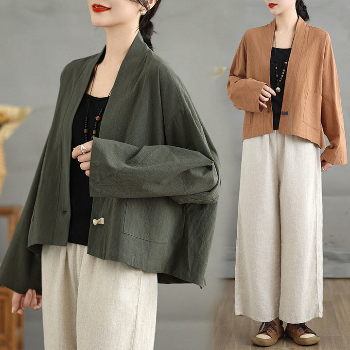 Buddha Stones Casual Vintage Plain Long Sleeve Open Front Cotton Linen Jacket With Pockets - image 19