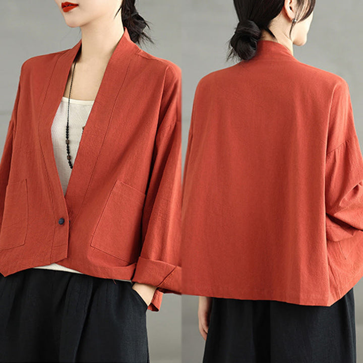 Buddha Stones Casual Vintage Plain Long Sleeve Open Front Cardigan Cotton Linen Jacket With Pockets - image 12