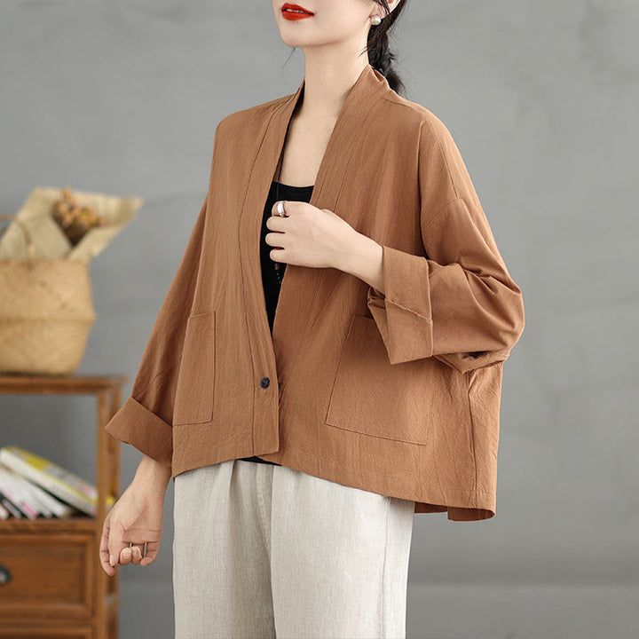 Buddha Stones Casual Vintage Plain Long Sleeve Open Front Cropped Jacket With Pockets - image 3