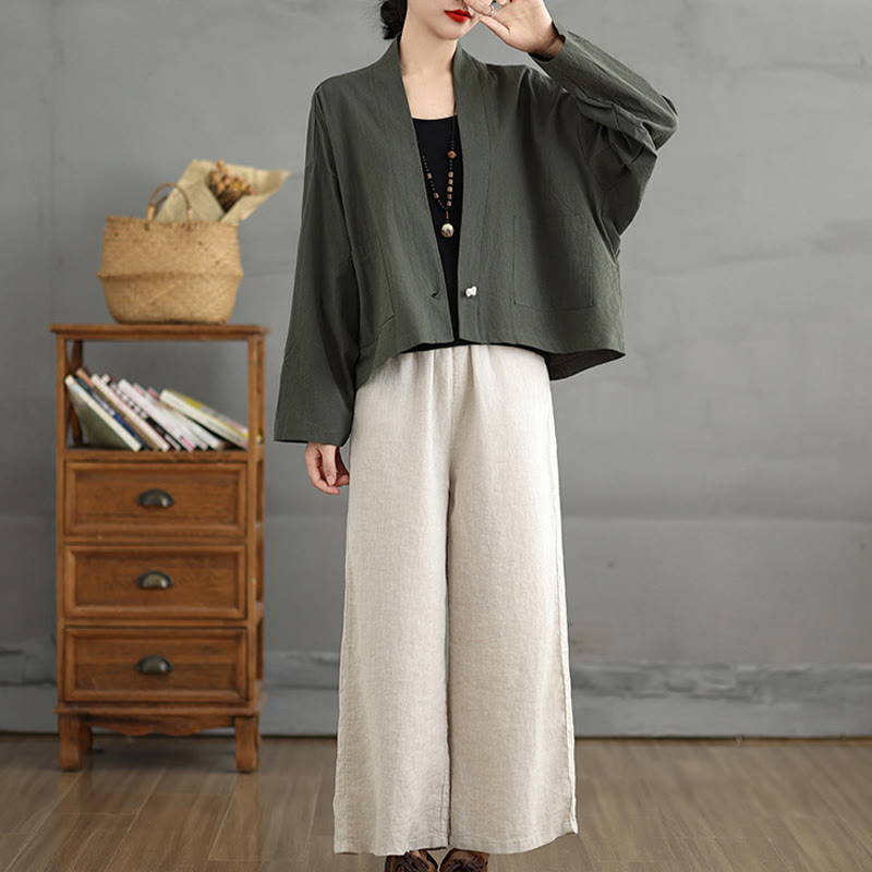 Buddha Stones Casual Vintage Plain Long Sleeve Open Front Cotton Linen Jacket With Pockets - image 17