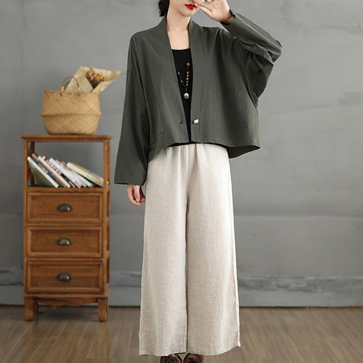 Buddha Stones Casual Vintage Plain Long Sleeve Open Front Cotton Linen Jacket With Pockets - image 17