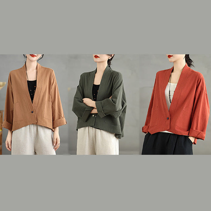 Buddha Stones Casual Vintage Plain Long Sleeve Open Front Cardigan Cotton Linen Jacket With Pockets - image 20