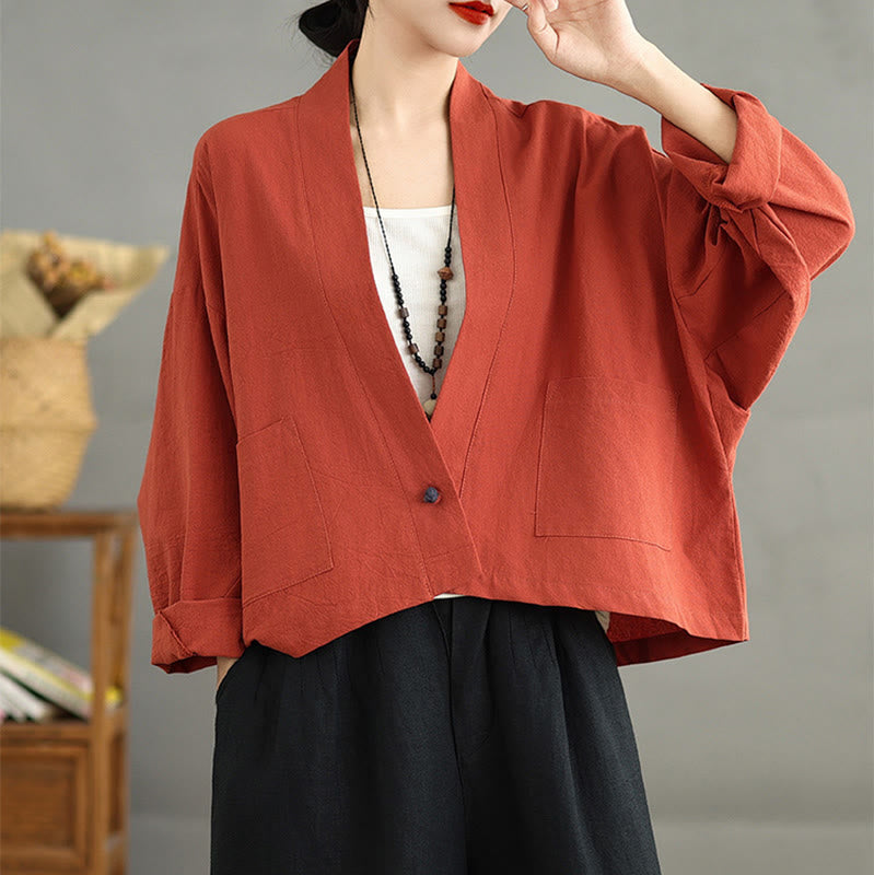 Buddha Stones Casual Vintage Plain Long Sleeve Open Front Cotton Linen Jacket With Pockets - image 10