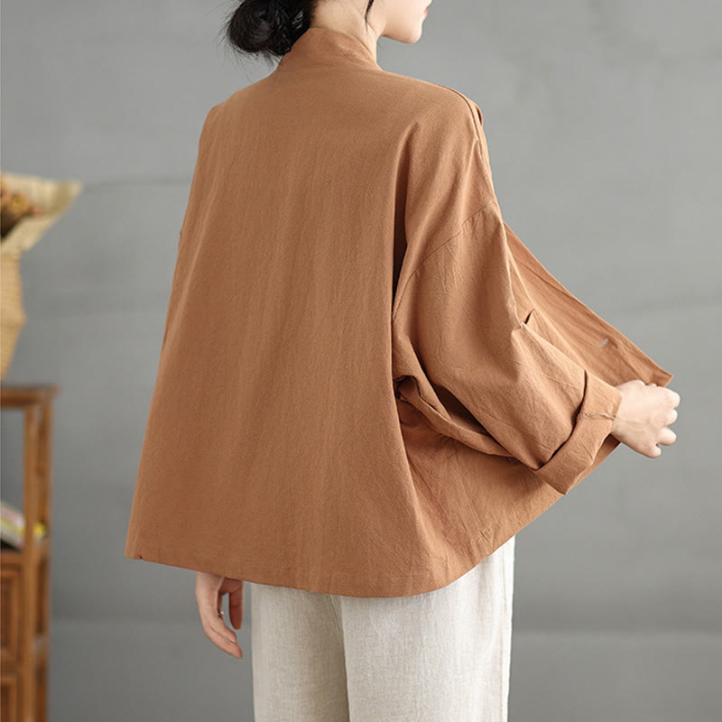 Buddha Stones Casual Vintage Plain Long Sleeve Open Front Cardigan Cotton Linen Jacket With Pockets - image 1