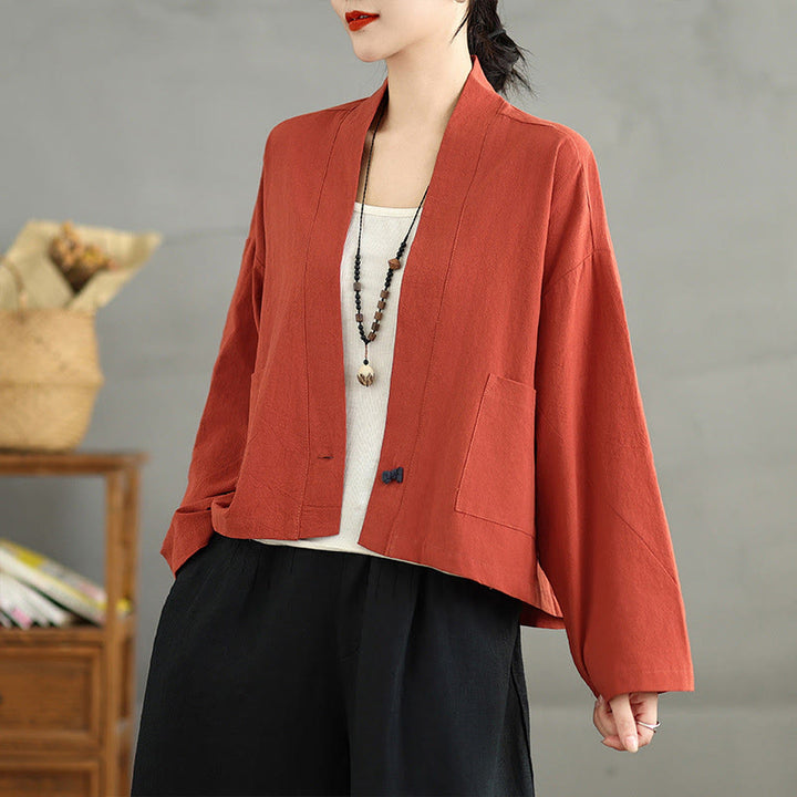 Buddha Stones Casual Vintage Plain Long Sleeve Open Front Jacket With Pockets - OrangeRed - US14，UK/AU18，EU46 (2XL) - image 8