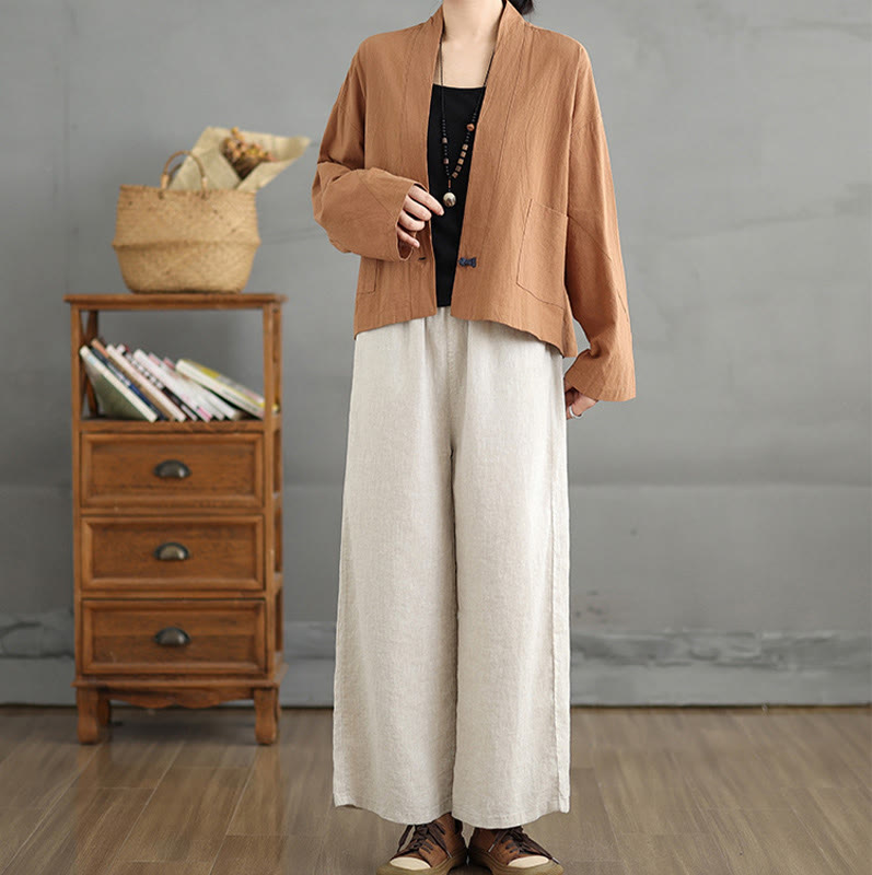 Buddha Stones Casual Vintage Plain Long Sleeve Open Front Cotton Linen Jacket With Pockets - image 5