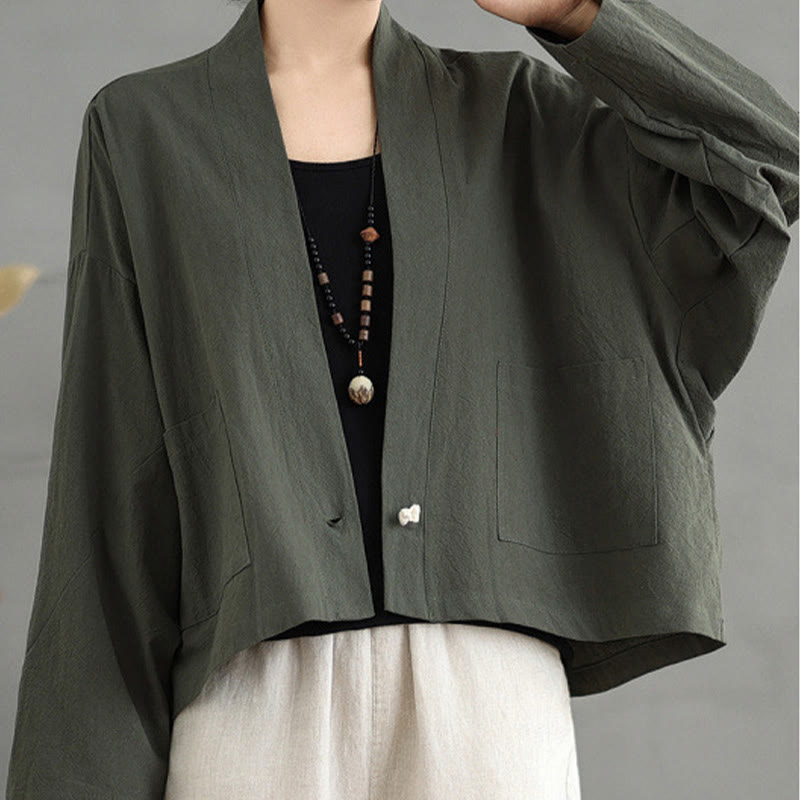 Buddha Stones Casual Vintage Plain Long Sleeve Open Front Cardigan Cotton Linen Jacket With Pockets - DarkOliveGreen - US14，UK/AU18，EU46 (2XL) - image 13
